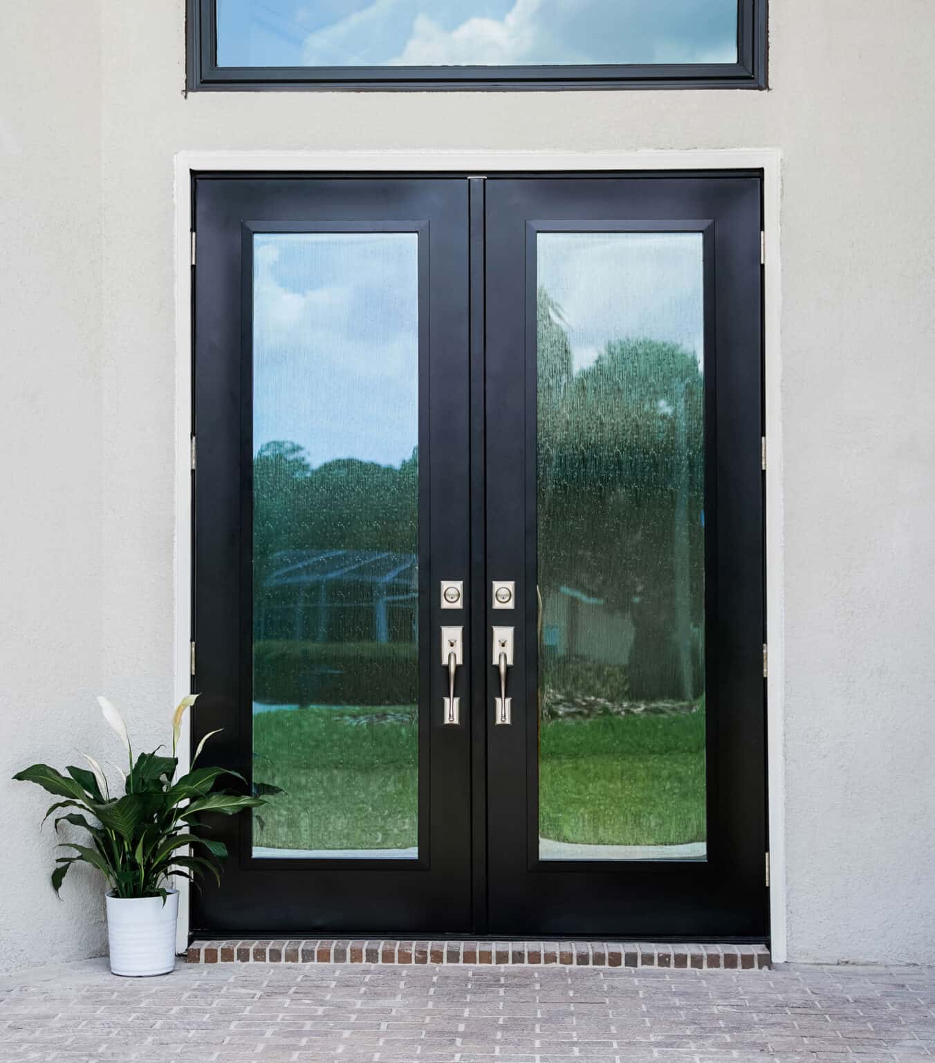 A set of dark entry doors in St. Louis, featuring large glass panels and modern silver handles, stands against a light-colored wall. A potted green plant graces the brick pathway on the left, while a window crowns the exterior doors.