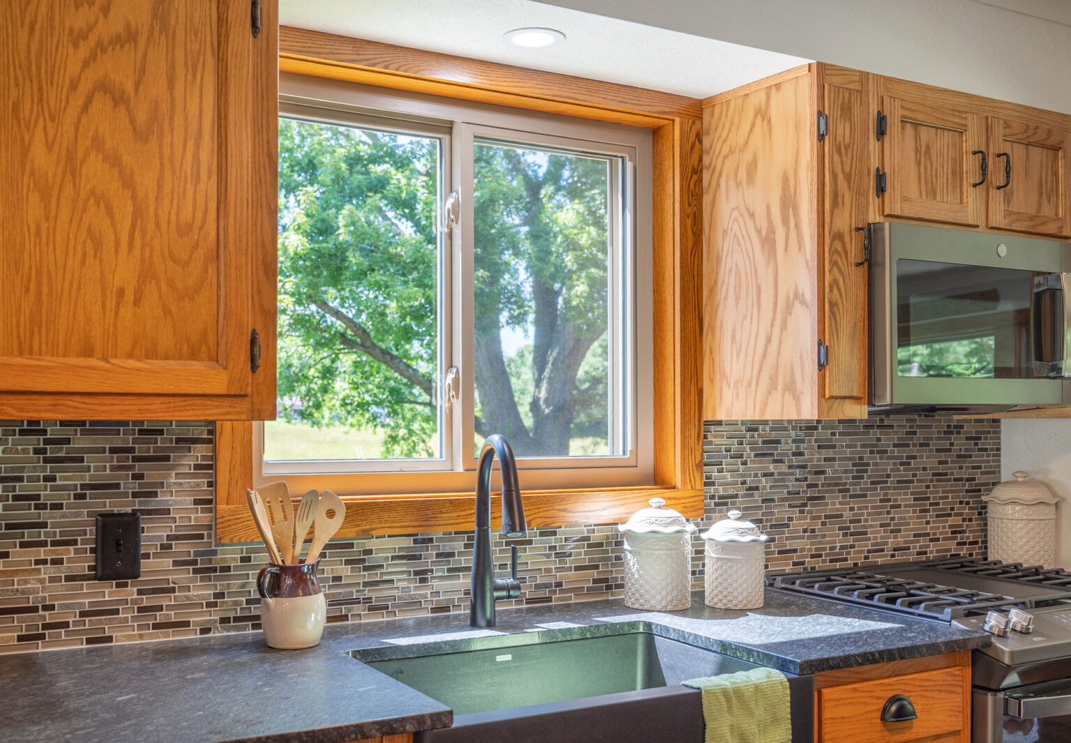 brown wood window from kitchen