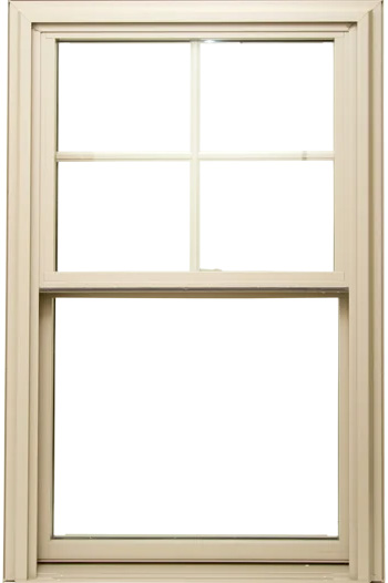 A beige-framed window with four glass panes on the top half and a solid pane on the bottom half. The upper section is divided by a cross-shaped grille. The window is set against a plain white background.