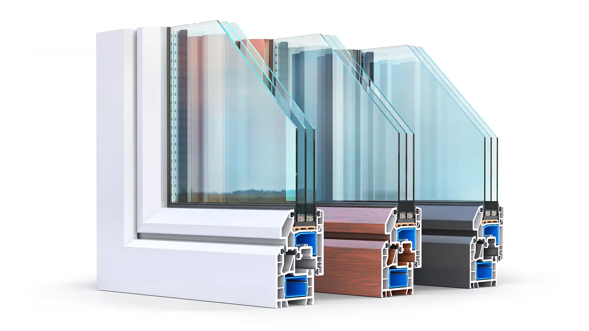 Three cross-sections of modern window frames with triple glazing are shown in white, wood, and black finishes, highlighting their internal layers and insulation to illustrate what makes a window energy efficient on a white background.